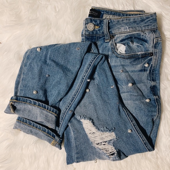 Aeropostale Denim - AEROPOSTALE Pearl Embellished Distressed Mom Jeans
